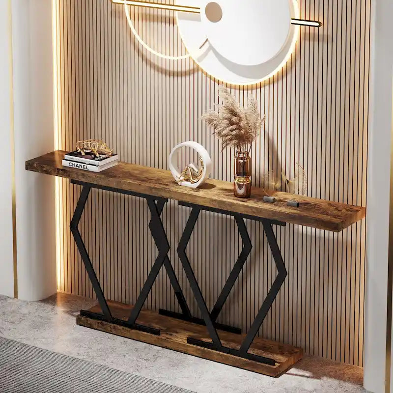 Table console extra-longue en faux marbre avec piètement géométrique en métal doré, blanc