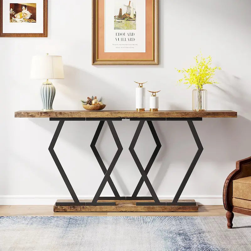 Table console extra-longue en faux marbre avec piètement géométrique en métal doré, blanc