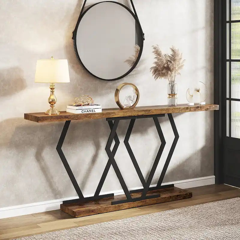 Table console extra-longue en faux marbre avec piètement géométrique en métal doré, blanc