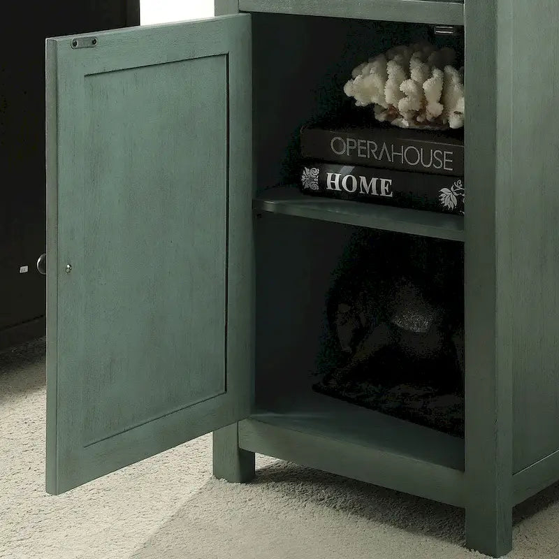Table d'appoint vintage en bois massif avec tiroir et placard de rangement, finition antique