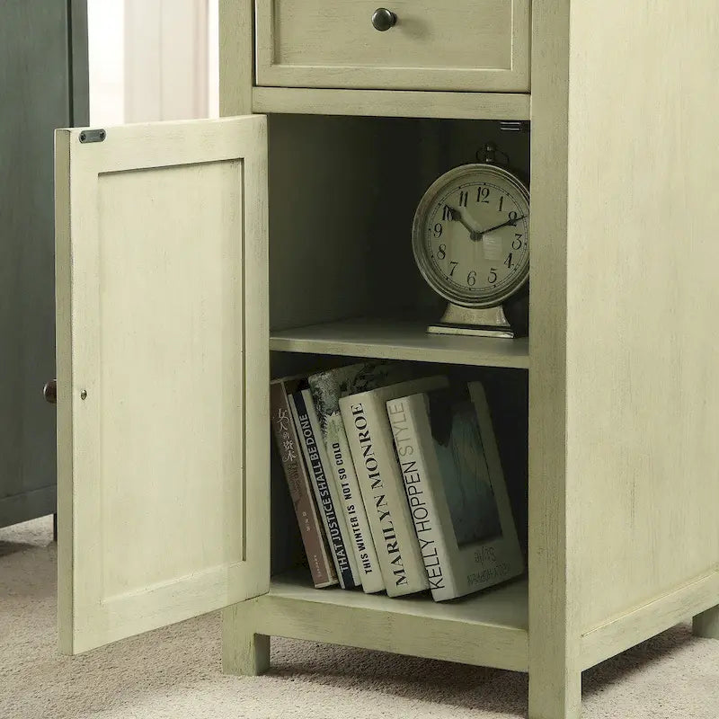 Table d'appoint vintage en bois massif avec tiroir et placard de rangement, finition antique