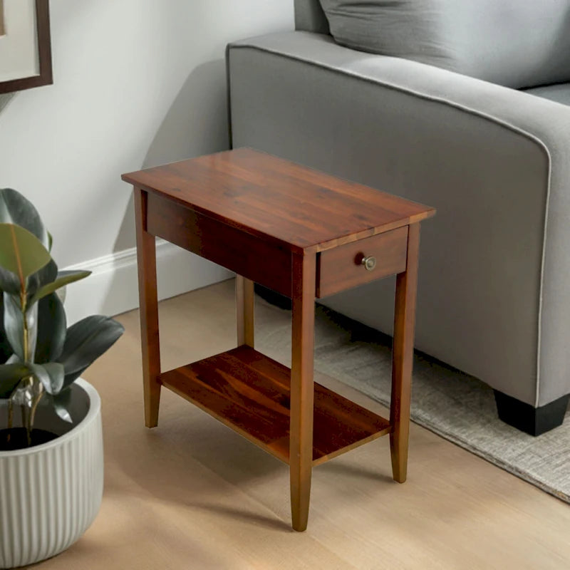 Solid Acacia Wood Narrow End Table with Drawer and Bottom Shelf