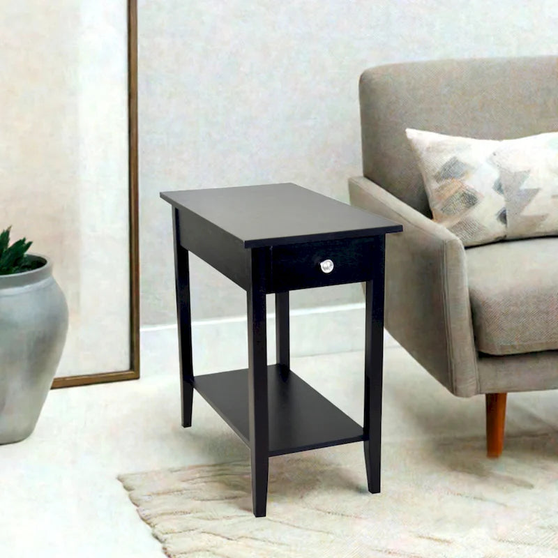 Solid Acacia Wood Narrow End Table with Drawer and Bottom Shelf