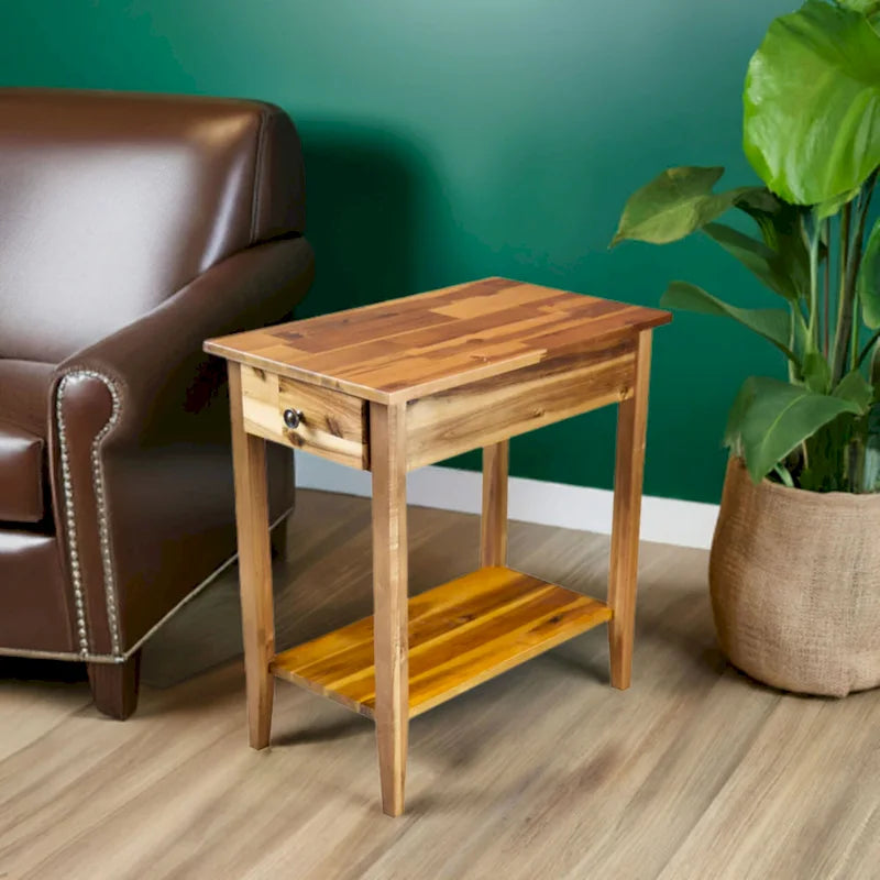 Solid Acacia Wood Narrow End Table with Drawer and Bottom Shelf