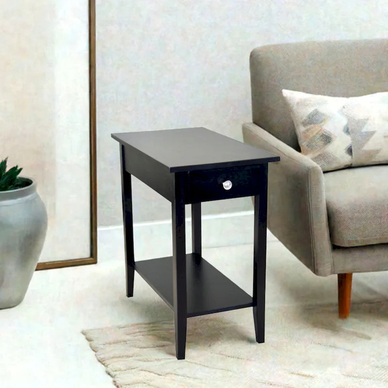 Solid Acacia Wood Narrow End Table with Drawer and Bottom Shelf