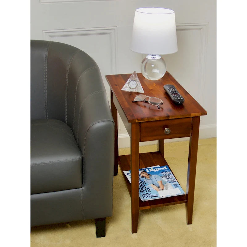 Solid Acacia Wood Narrow End Table with Drawer and Bottom Shelf