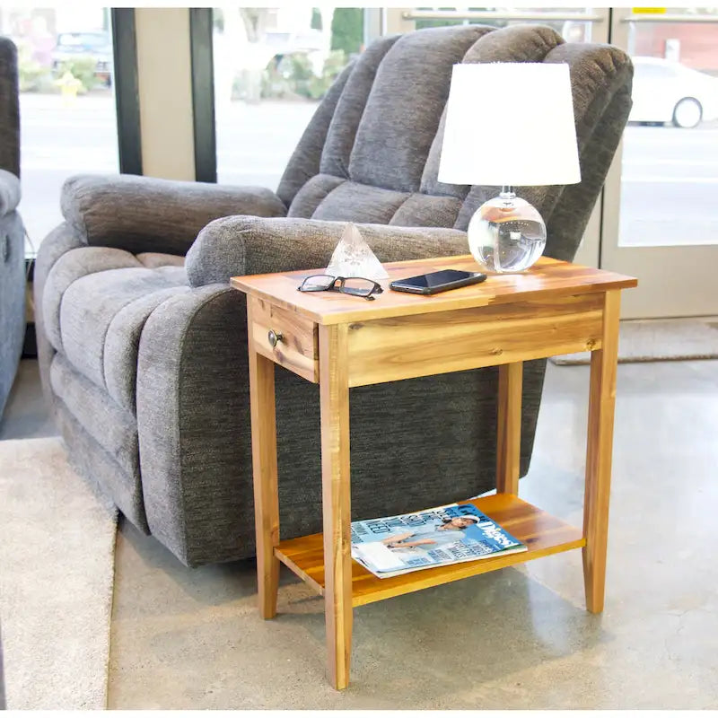 Solid Acacia Wood Narrow End Table with Drawer and Bottom Shelf