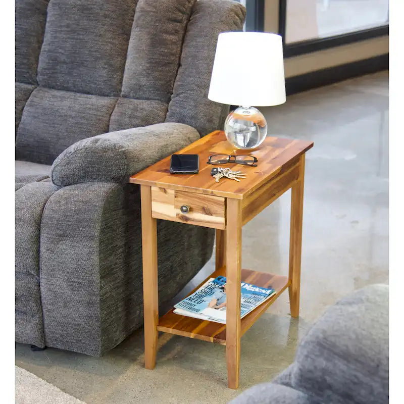 Solid Acacia Wood Narrow End Table with Drawer and Bottom Shelf