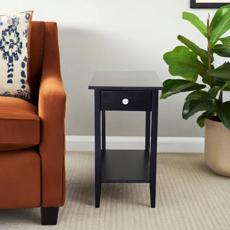 Solid Acacia Wood Narrow End Table with Drawer and Bottom Shelf