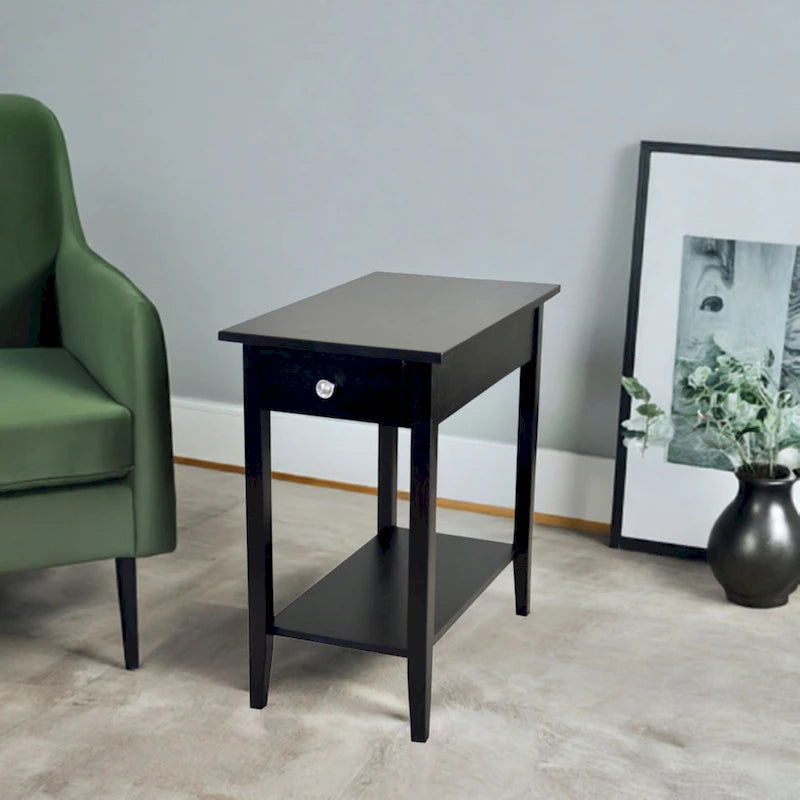 Solid Acacia Wood Narrow End Table with Drawer and Bottom Shelf