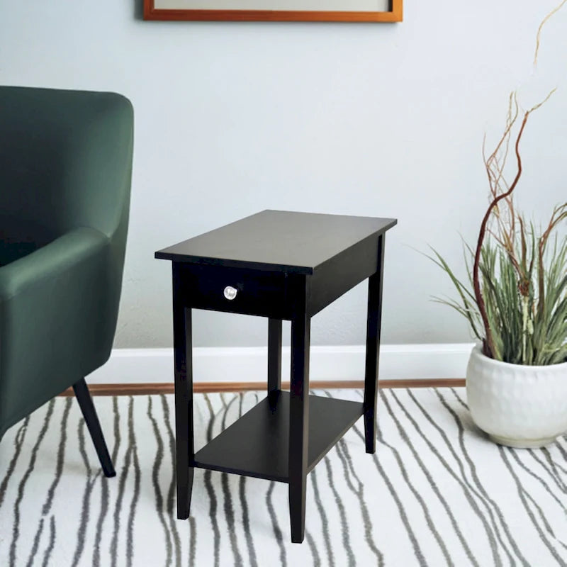 Solid Acacia Wood Narrow End Table with Drawer and Bottom Shelf
