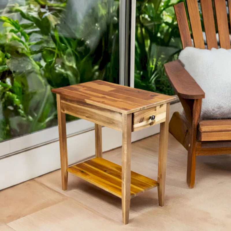 Solid Acacia Wood Narrow End Table with Drawer and Bottom Shelf