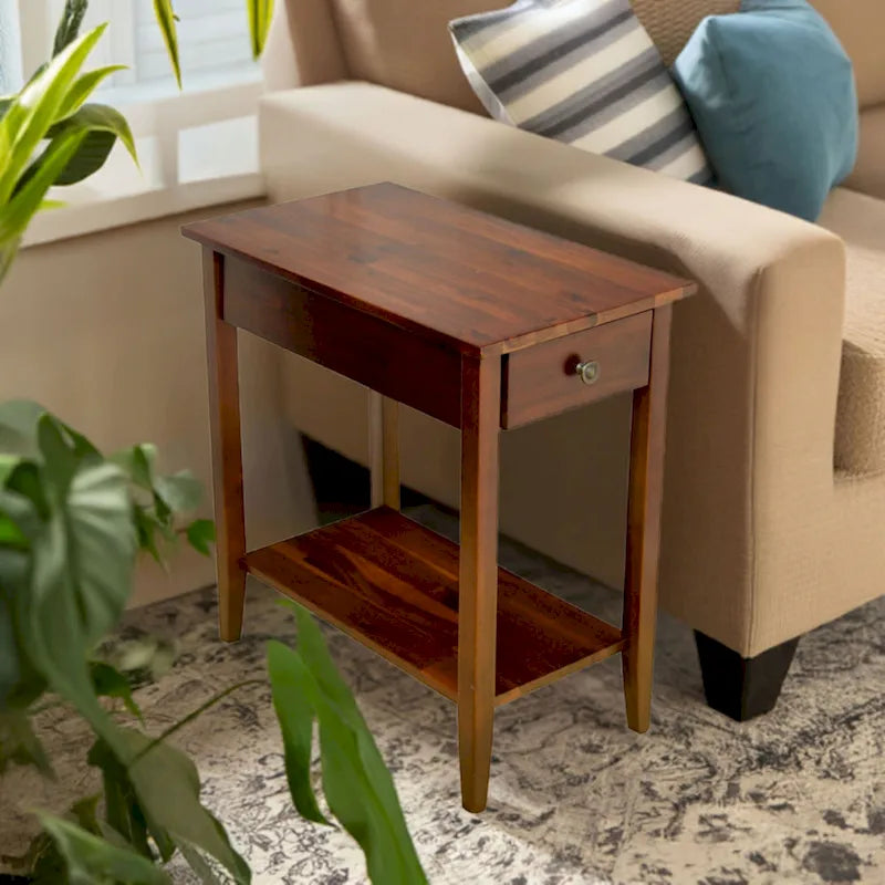 Solid Acacia Wood Narrow End Table with Drawer and Bottom Shelf