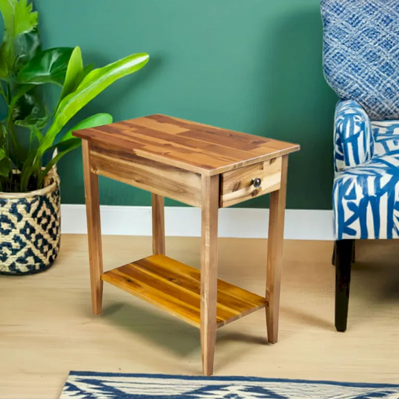 Solid Acacia Wood Narrow End Table with Drawer and Bottom Shelf