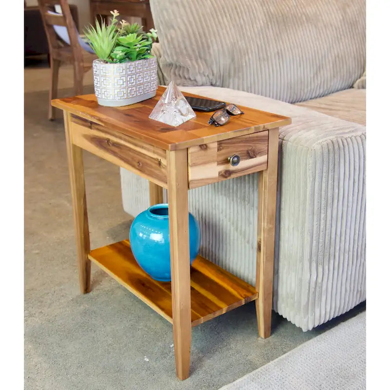 Solid Acacia Wood Narrow End Table with Drawer and Bottom Shelf