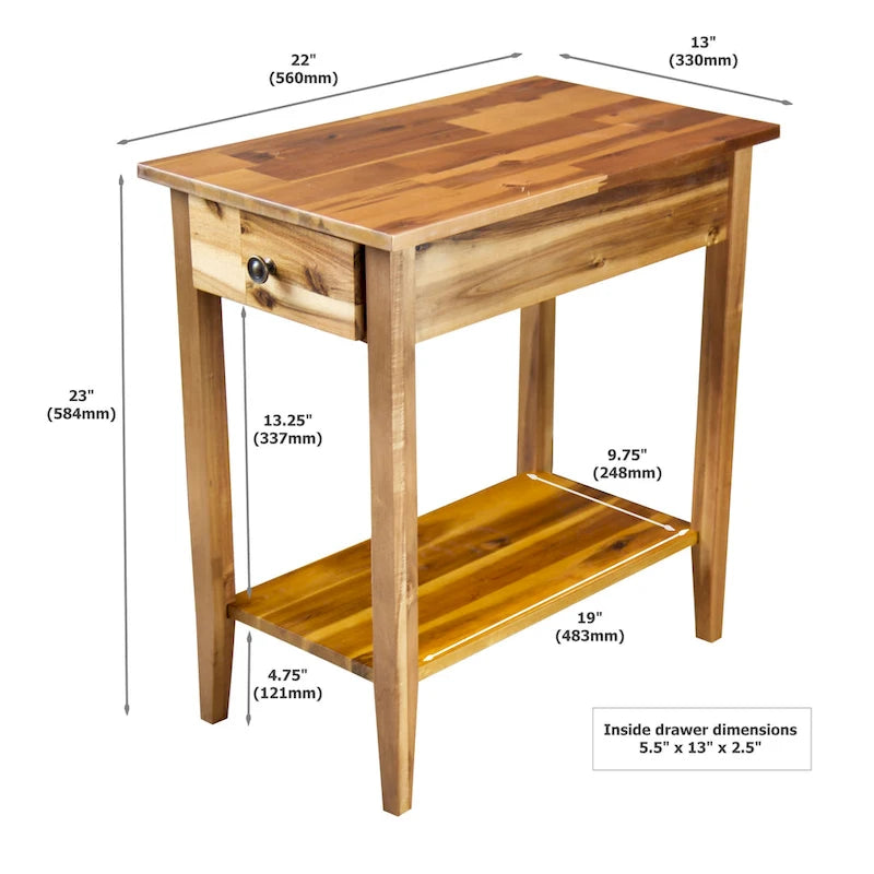 Solid Acacia Wood Narrow End Table with Drawer and Bottom Shelf
