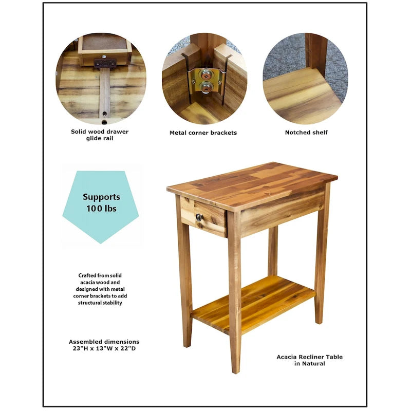 Solid Acacia Wood Narrow End Table with Drawer and Bottom Shelf