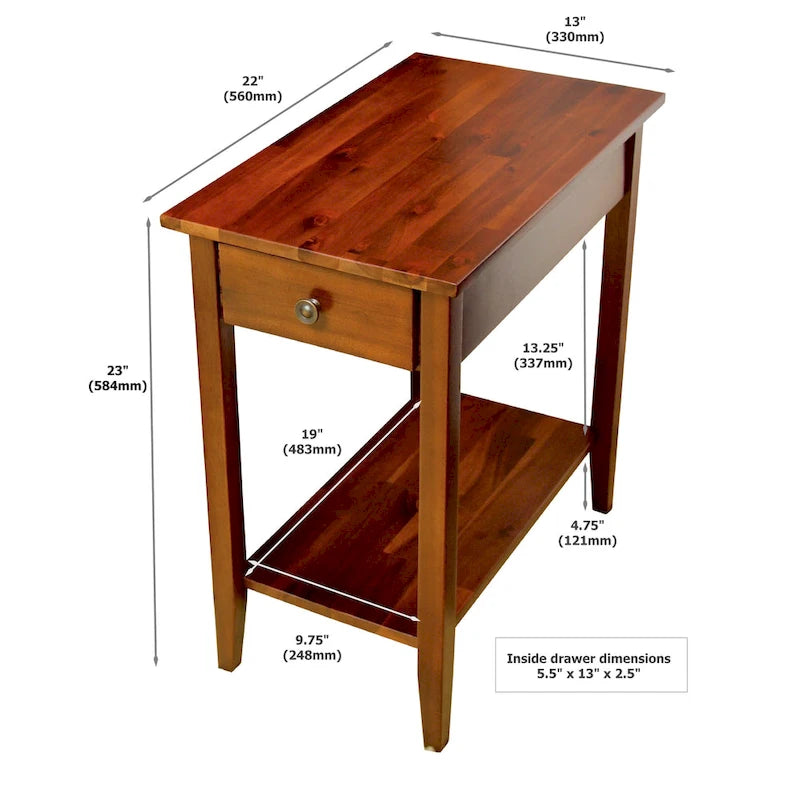 Solid Acacia Wood Narrow End Table with Drawer and Bottom Shelf