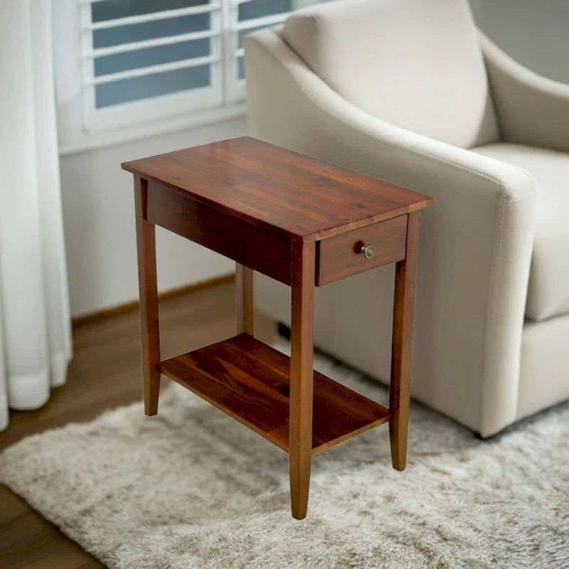 Solid Acacia Wood Narrow End Table with Drawer and Bottom Shelf