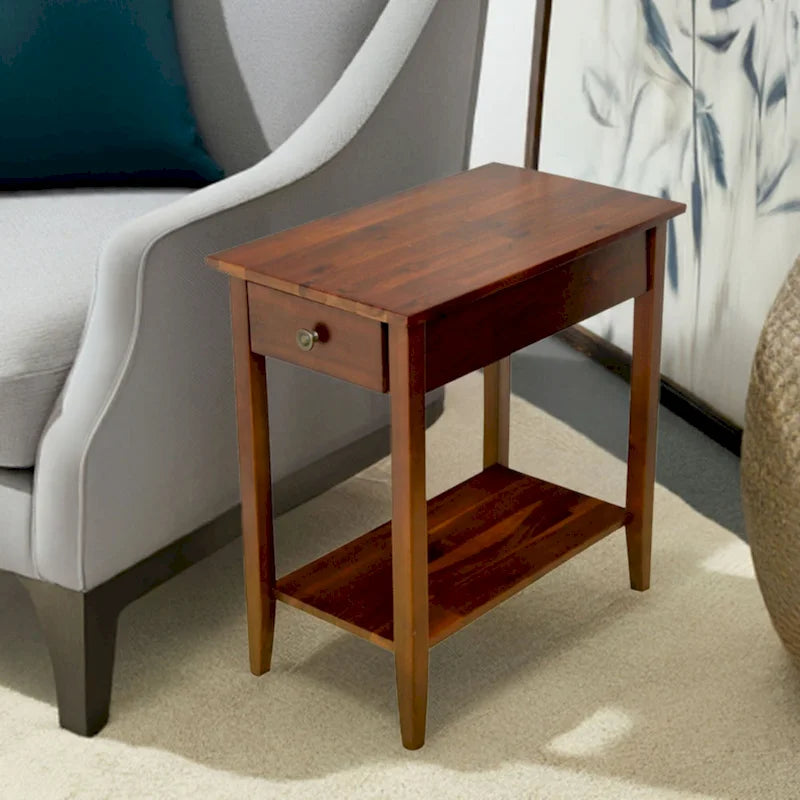 Solid Acacia Wood Narrow End Table with Drawer and Bottom Shelf