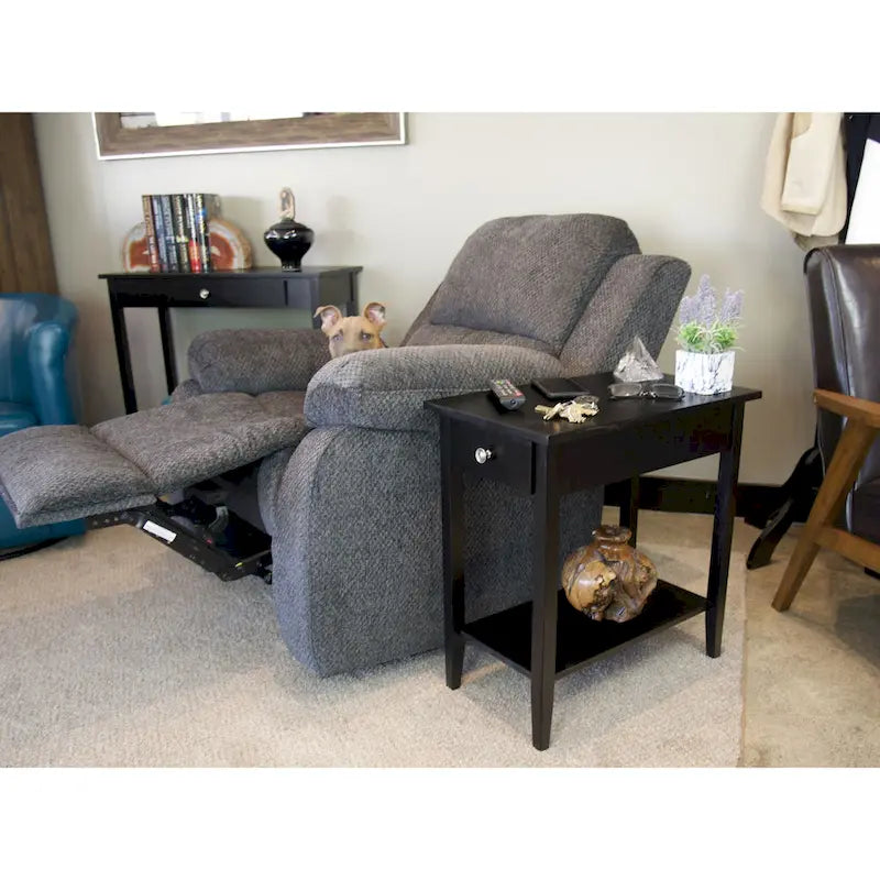 Solid Acacia Wood Narrow End Table with Drawer and Bottom Shelf