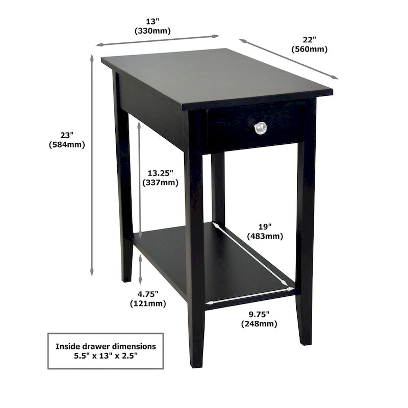 Solid Acacia Wood Narrow End Table with Drawer and Bottom Shelf