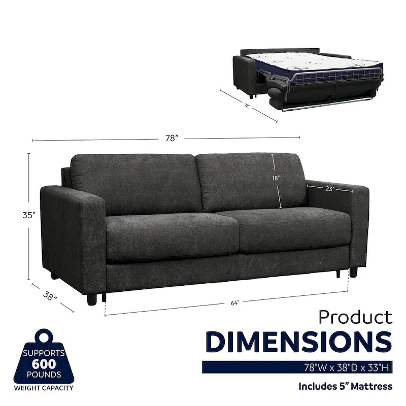 Full Sleeper Sofa with Memory Foam Mattress, Anthracite or Silver