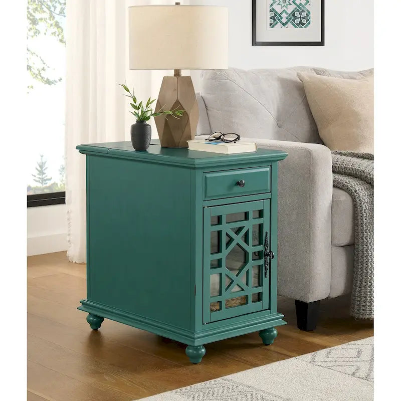 Distressed Wood Chairside End Table with Drawer Cabinet Power Outlets USB Ports