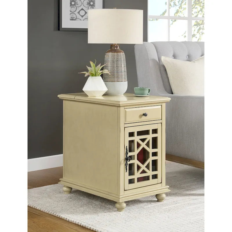 Distressed Wood Chairside End Table with Drawer Cabinet Power Outlets USB Ports