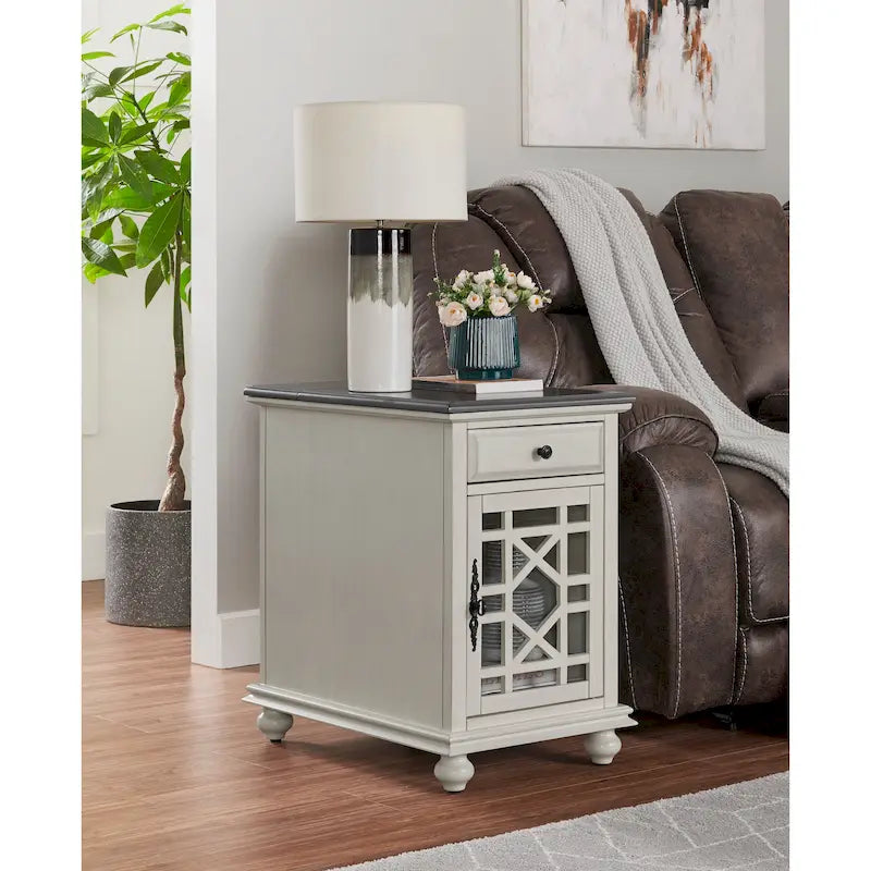 Distressed Wood Chairside End Table with Drawer Cabinet Power Outlets USB Ports