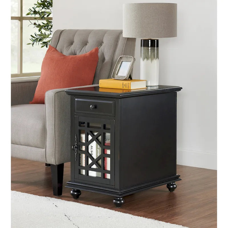 Distressed Wood Chairside End Table with Drawer Cabinet Power Outlets USB Ports