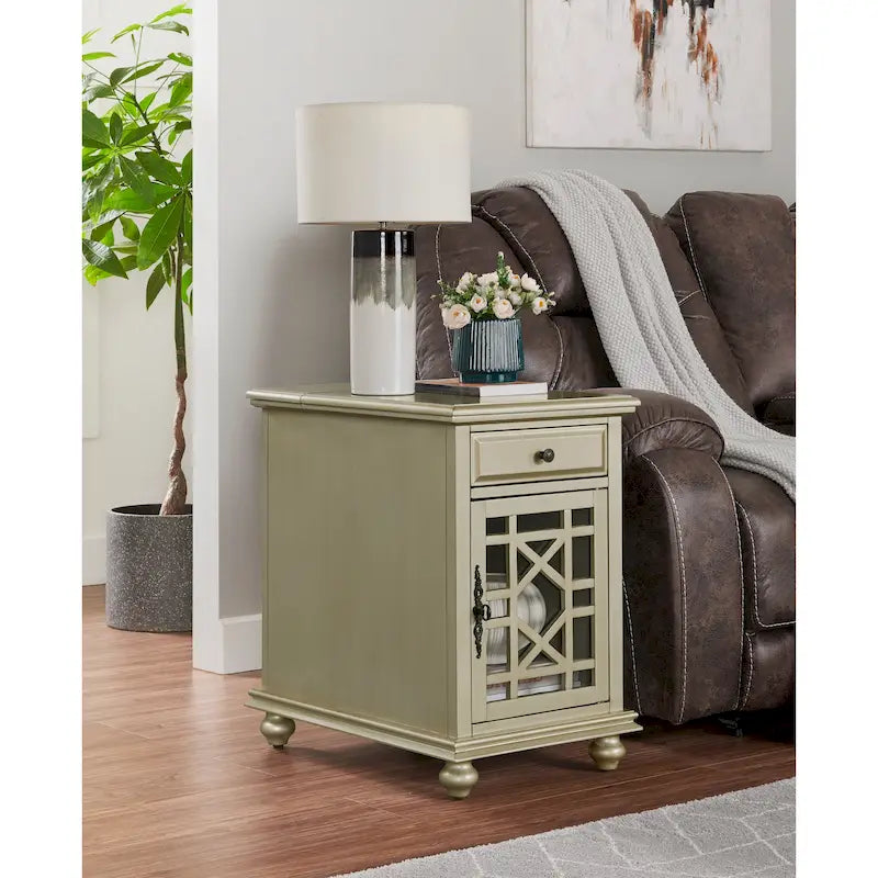 Distressed Wood Chairside End Table with Drawer Cabinet Power Outlets USB Ports