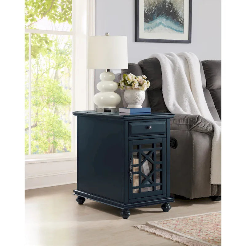 Table d'appoint de chevet en bois vieilli avec tiroir, armoire, prises électriques et ports USB
