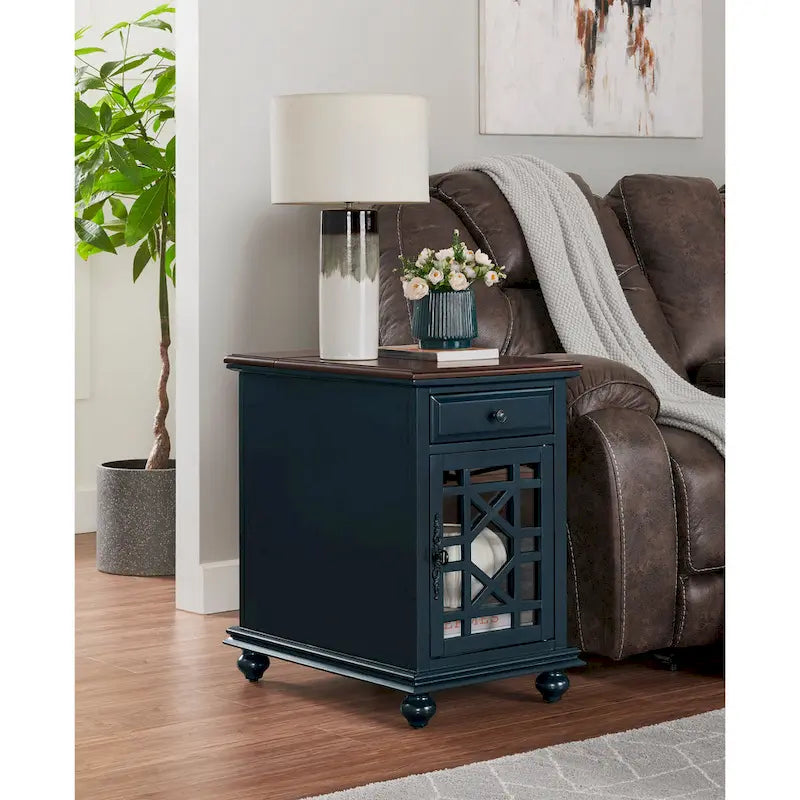 Distressed Wood Chairside End Table with Drawer Cabinet Power Outlets USB Ports