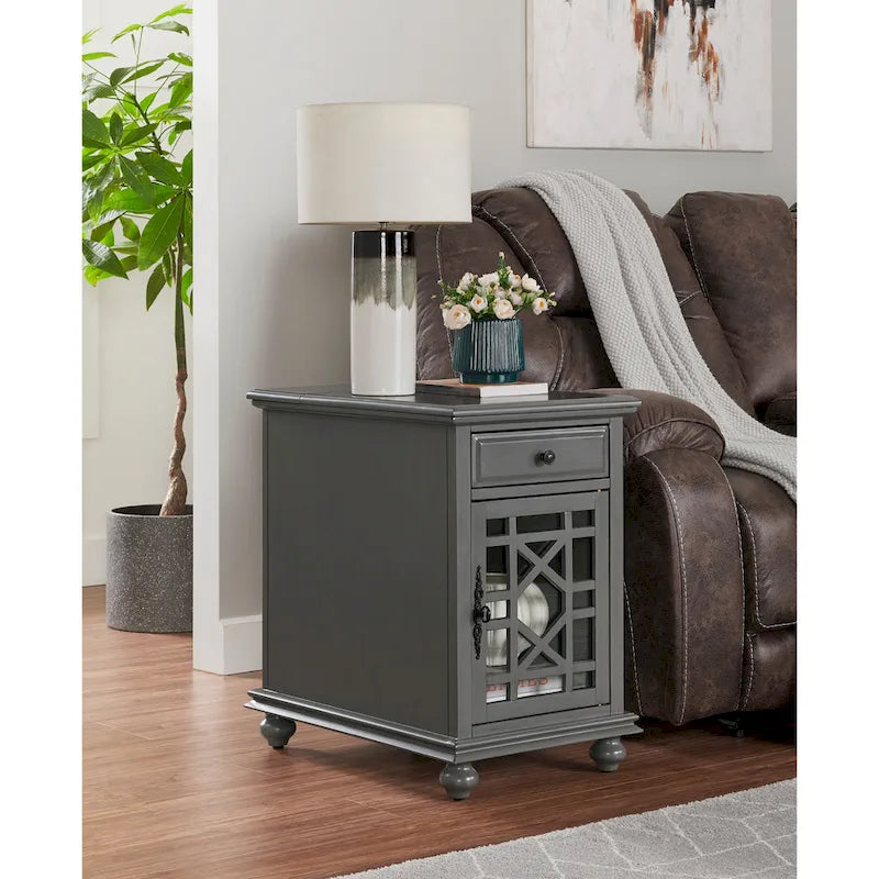 Table d'appoint de chevet en bois vieilli avec tiroir, armoire, prises électriques et ports USB