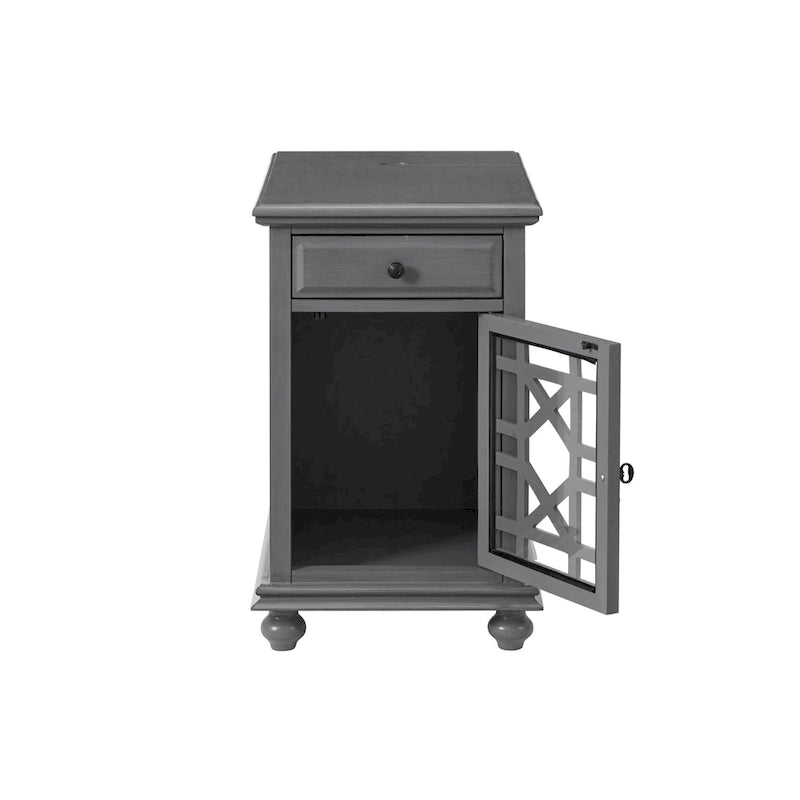 Table d'appoint de chevet en bois vieilli avec tiroir, armoire, prises électriques et ports USB