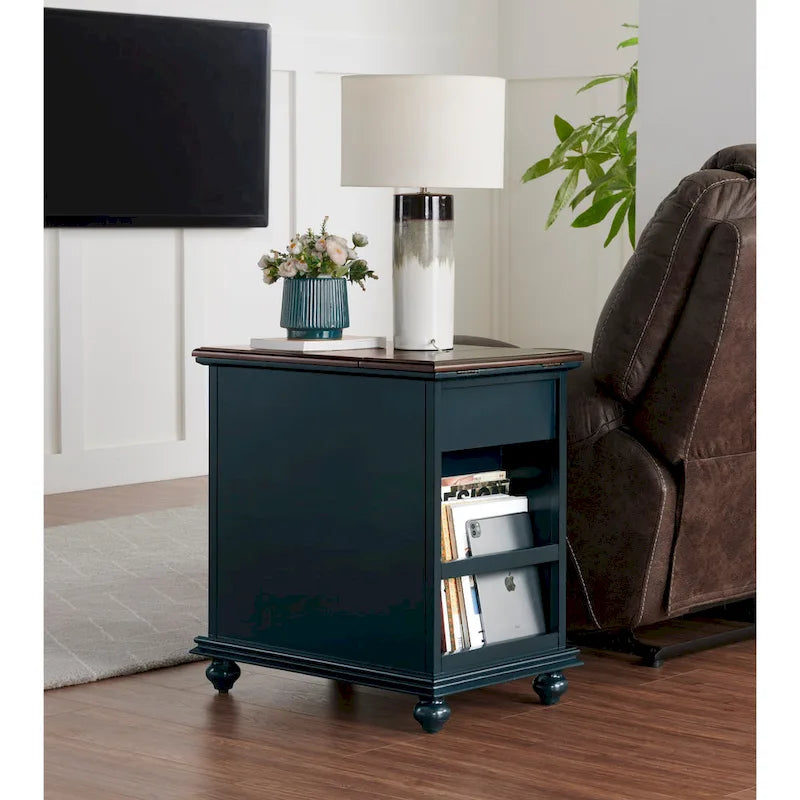 Table d'appoint de chevet en bois vieilli avec tiroir, armoire, prises électriques et ports USB
