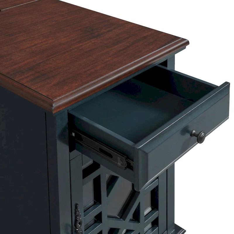 Table d'appoint de chevet en bois vieilli avec tiroir, armoire, prises électriques et ports USB
