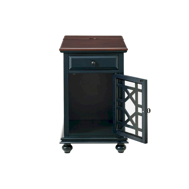 Table d'appoint de chevet en bois vieilli avec tiroir, armoire, prises électriques et ports USB
