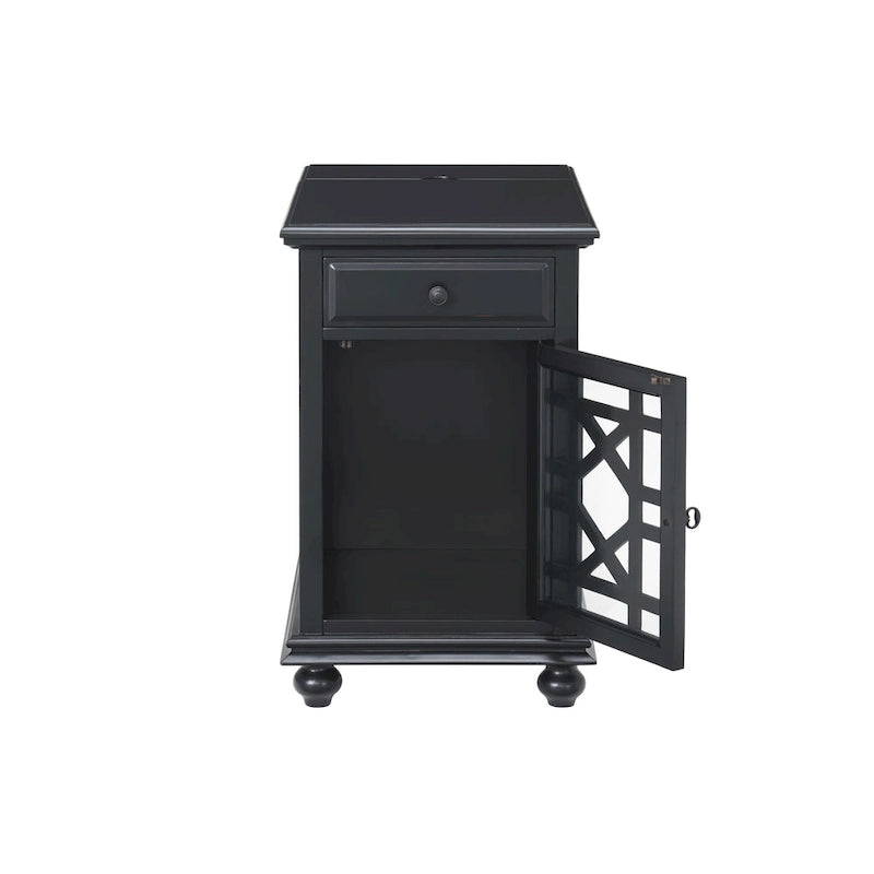 Table d'appoint de chevet en bois vieilli avec tiroir, armoire, prises électriques et ports USB