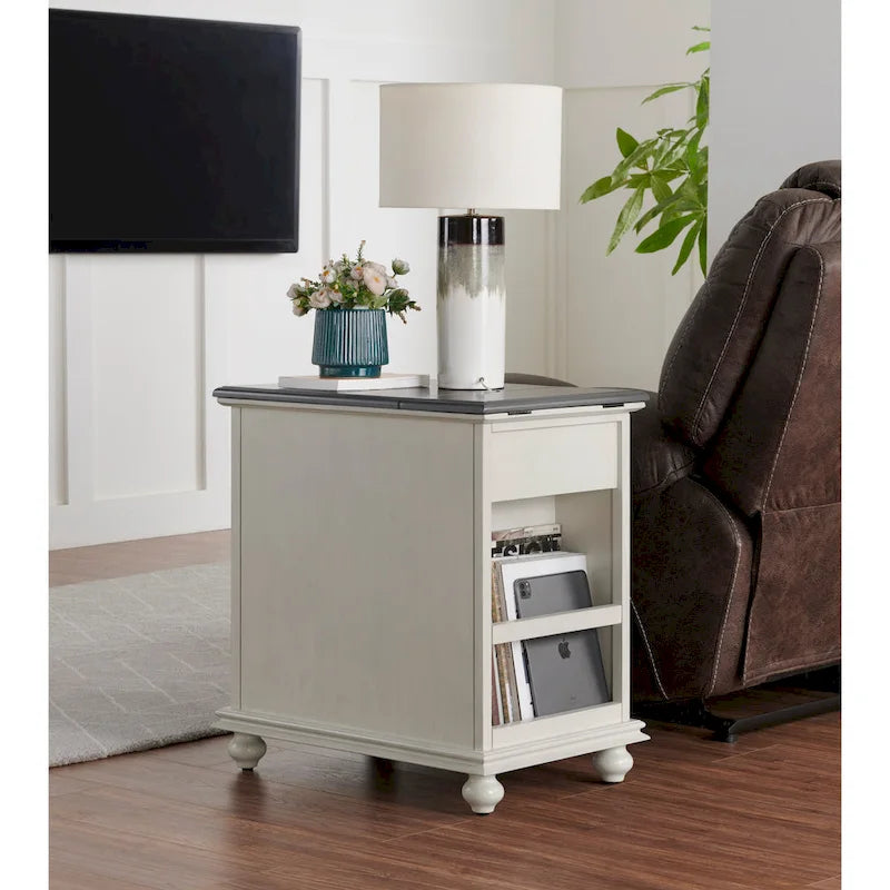 Table d'appoint de chevet en bois vieilli avec tiroir, armoire, prises électriques et ports USB