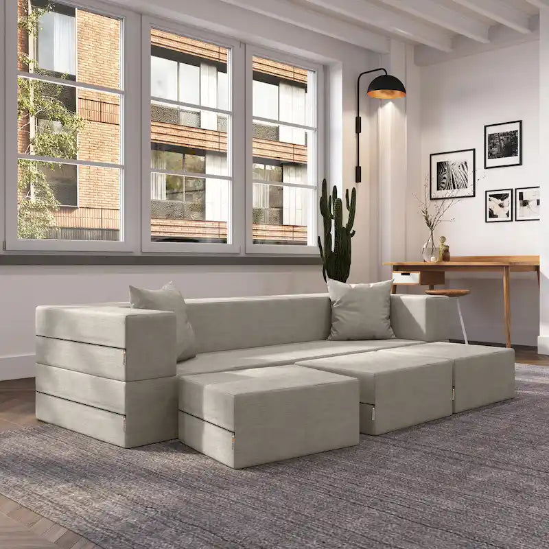 Canapé-lit convertible California King avec pouf en polyester gris foncé