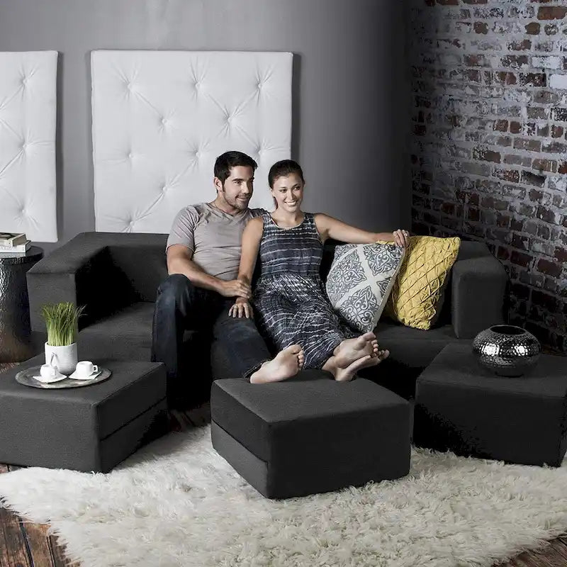 Canapé-lit convertible California King avec pouf en polyester gris foncé