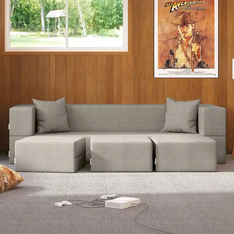 Canapé-lit convertible California King avec pouf en polyester gris foncé