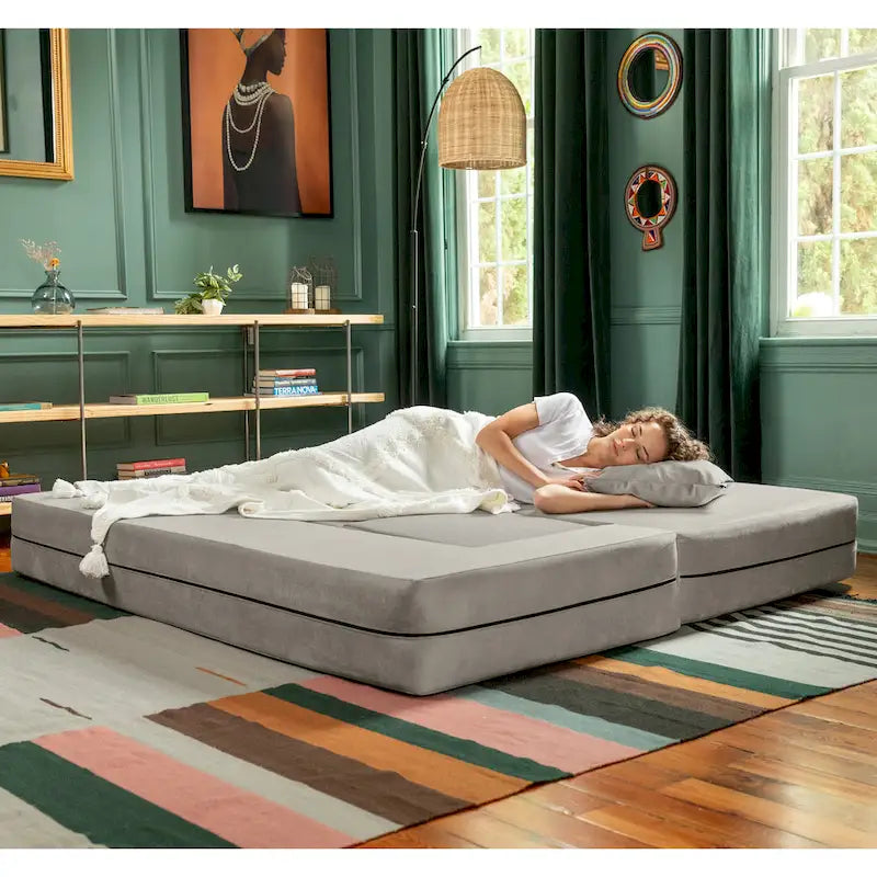 Canapé-lit convertible California King avec pouf en polyester gris foncé