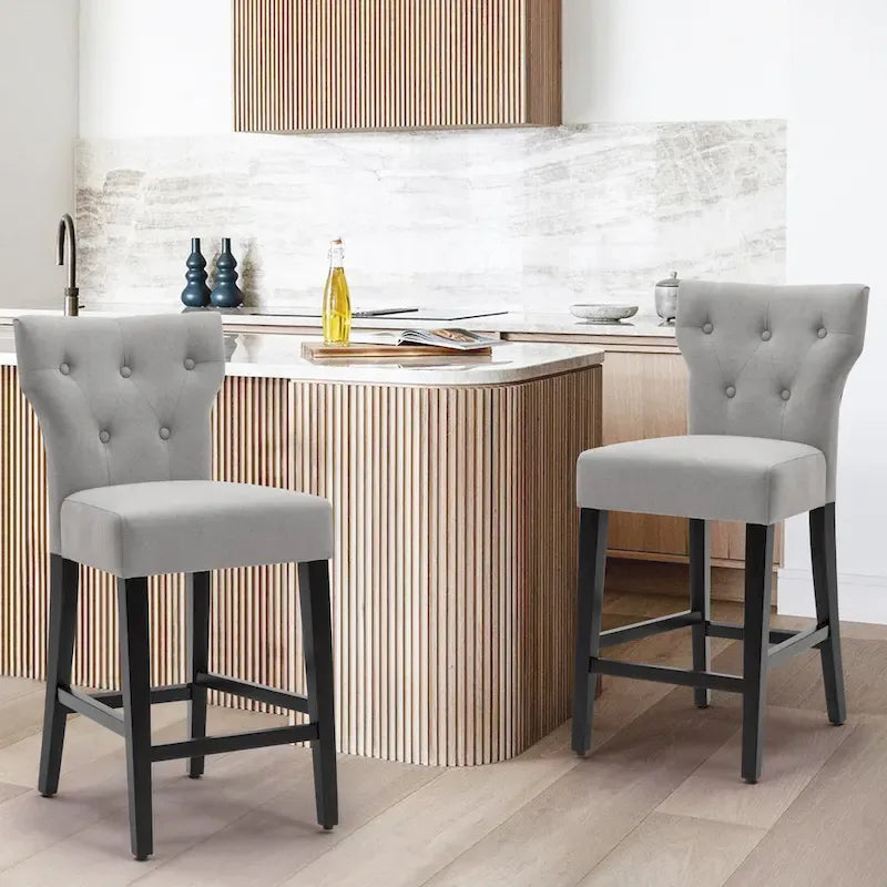 Button Tufted Wingback Counter Height Bar Stool Upholstered Fabric Kitchen Island Chair