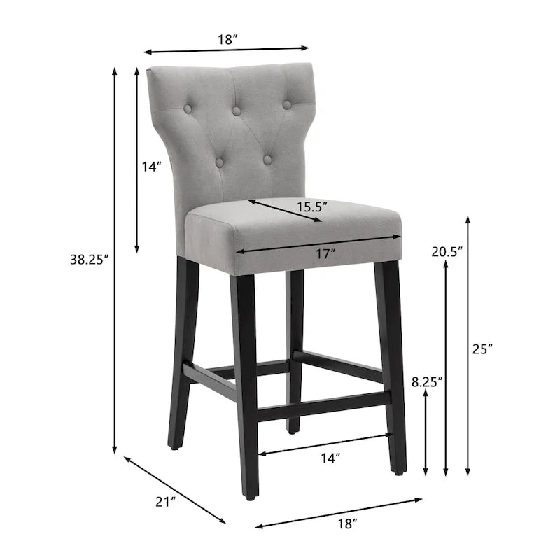 Tabouret de bar à hauteur de comptoir avec dossier capitonné et ailes, chaise de cuisine en tissu rembourré