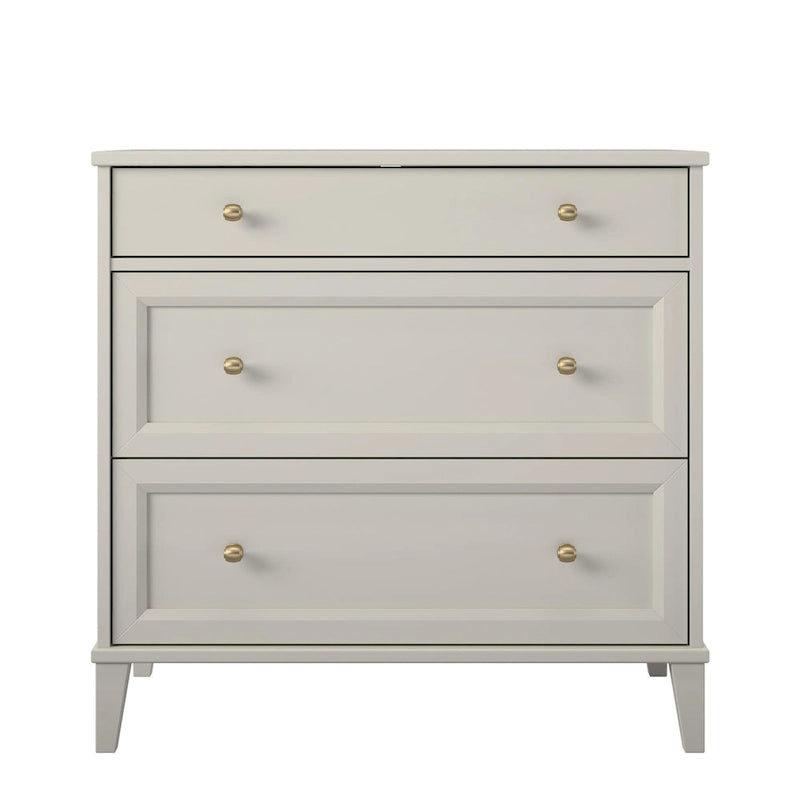 2 Drawer Dresser with Pull-Out Desk Taupe Brassy Gold Beveled Wood Legs