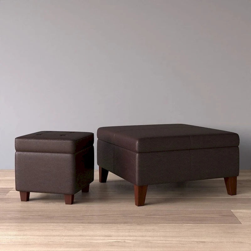Pouf de rangement carré capitonné en similicuir avec pieds en bois marron