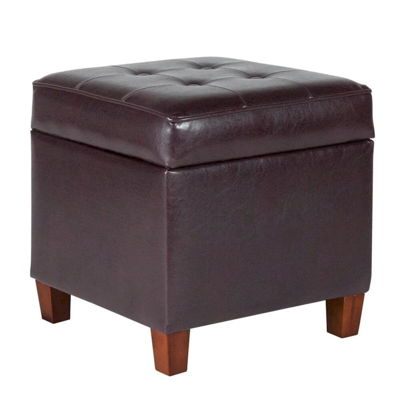 Square Tufted Faux Leather Storage Ottoman with Wood Legs Brown